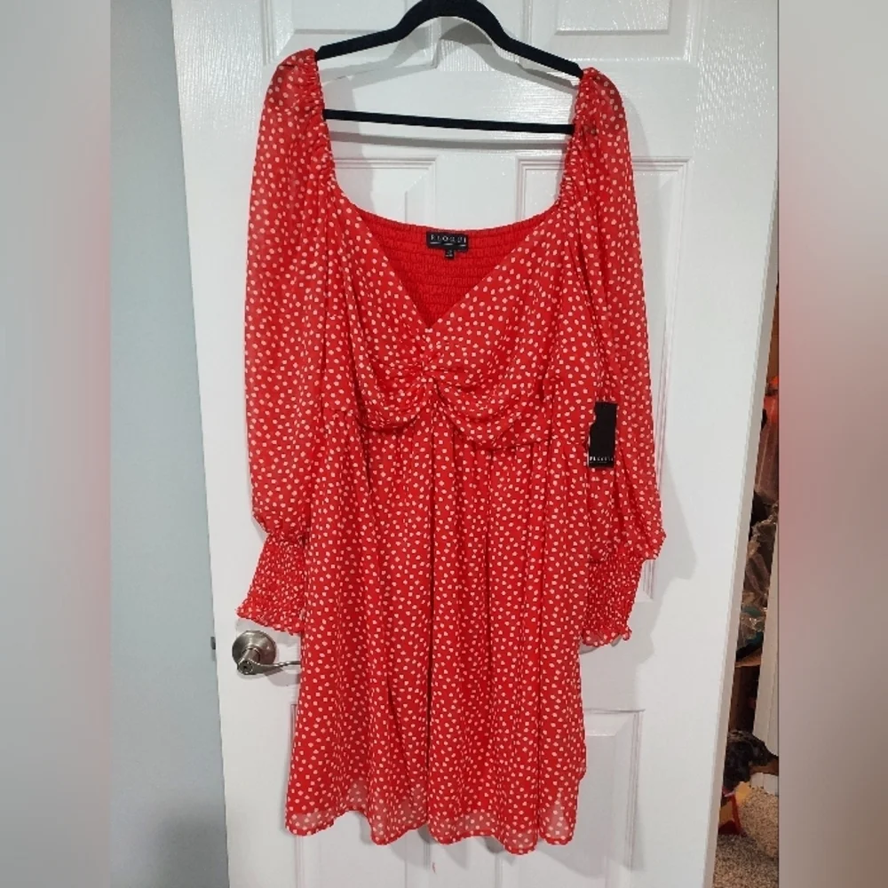 NWOT Eloquii Red & White Polka Dot Twisted Bodice Mini Dress in Size 26 - Picture 2 of 13